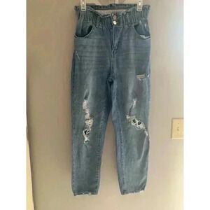 Rewind Woman's High Rise Elastic Band Mom Distressed Straight Leg Jeans Size5/27
